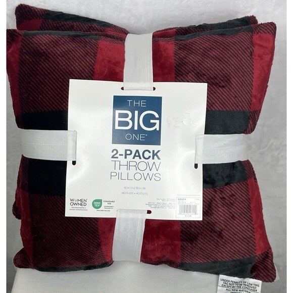 THE BIG ONE 2-Pack Throw Pillows Buffalo Check Plush Red Black 16x16 NEW - Picture 1 of 6